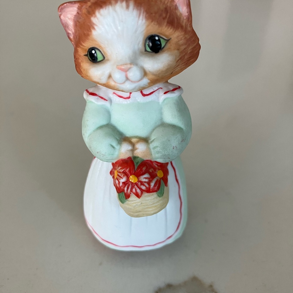 Charming Cat Figurine with Basket  in a mint green dress
